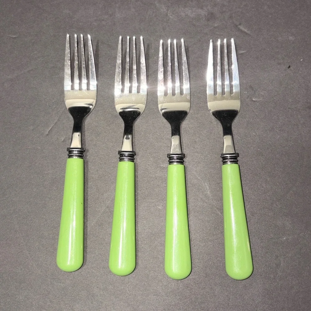 Set/4 Light Green Resin Handle Stainless Steel Salad Forks Beaded Bolster 6.75
